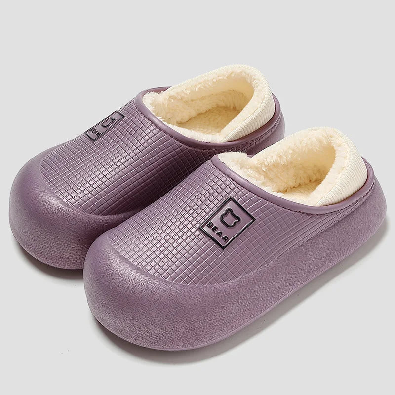 Waterdichte pantoffels met dikke zool pluche voering antislip voor binnen buiten zwart paars unisex comfort | Sansoti