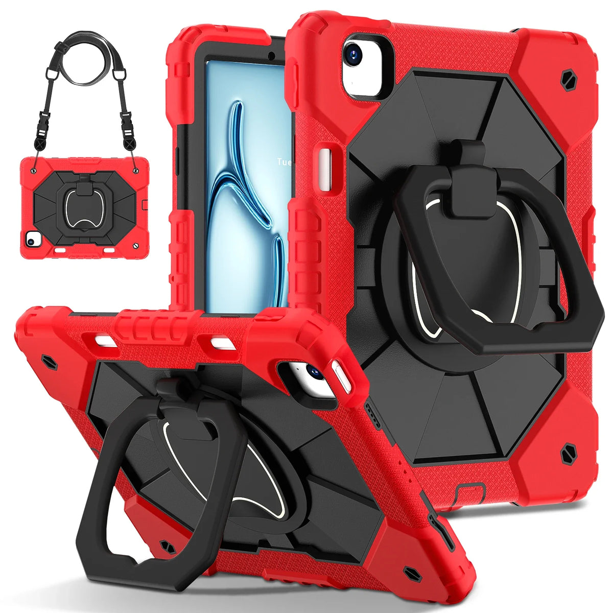 Rugged iPad Case with Ring Grip Three-Layer Protection Kickstand Shoulder Strap Screen Protector Black Orange | Sansoti