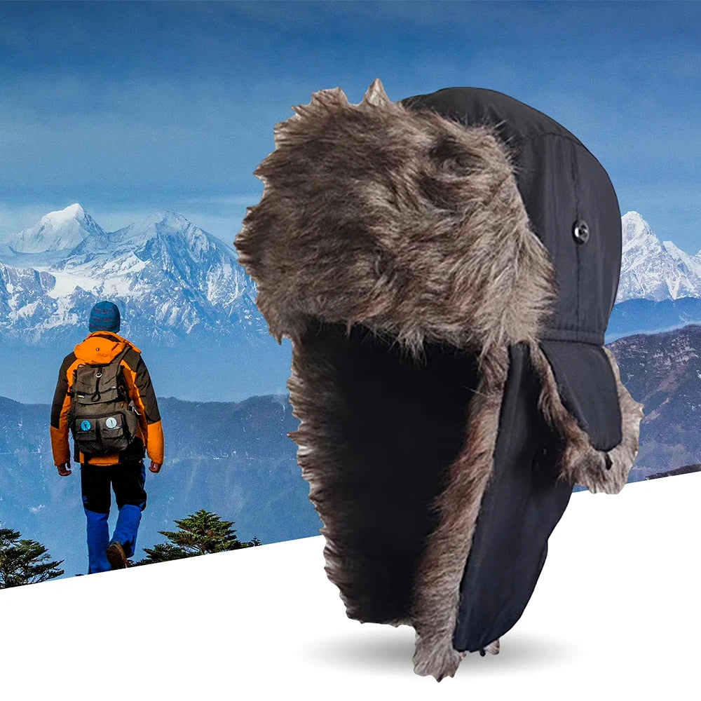 Unisex Fur-Lined Winter Hat with Ear Flaps, Adjustable Ski Snowboard Warm Outdoor Hat for Adults | Sansoti