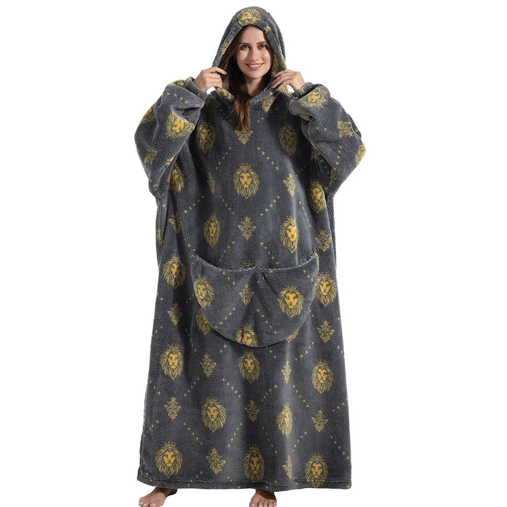 Sherpa Fleece Deken met Mouwen en Capuchon 140cm Draagbare Oversized Huisdeken XXL Comfortabel Warme Deken | Sansoti