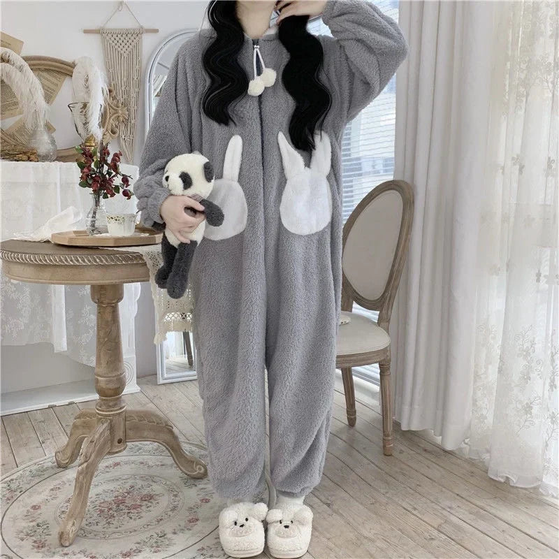 Combinaison-pyjama avec capuche et oreilles en velours chaud, vêtements d'intérieur pour femmes et hommes, tenue de nuit d'hiver et vêtements de détente | Sansoti