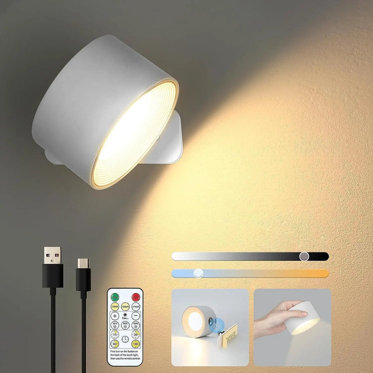 Applique murale magnétique rechargeable sans fil avec télécommande, pivotante à 360°, LED cylindrique à intensité variable, éclairage d’ambiance | Sansoti