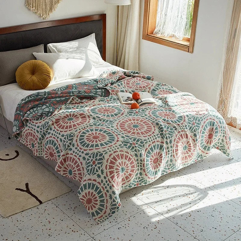 Plaid en mousseline de coton respirant, couverture jacquard pour lit et canapé 150x200 200x230 à motif floral, salon | Sansoti