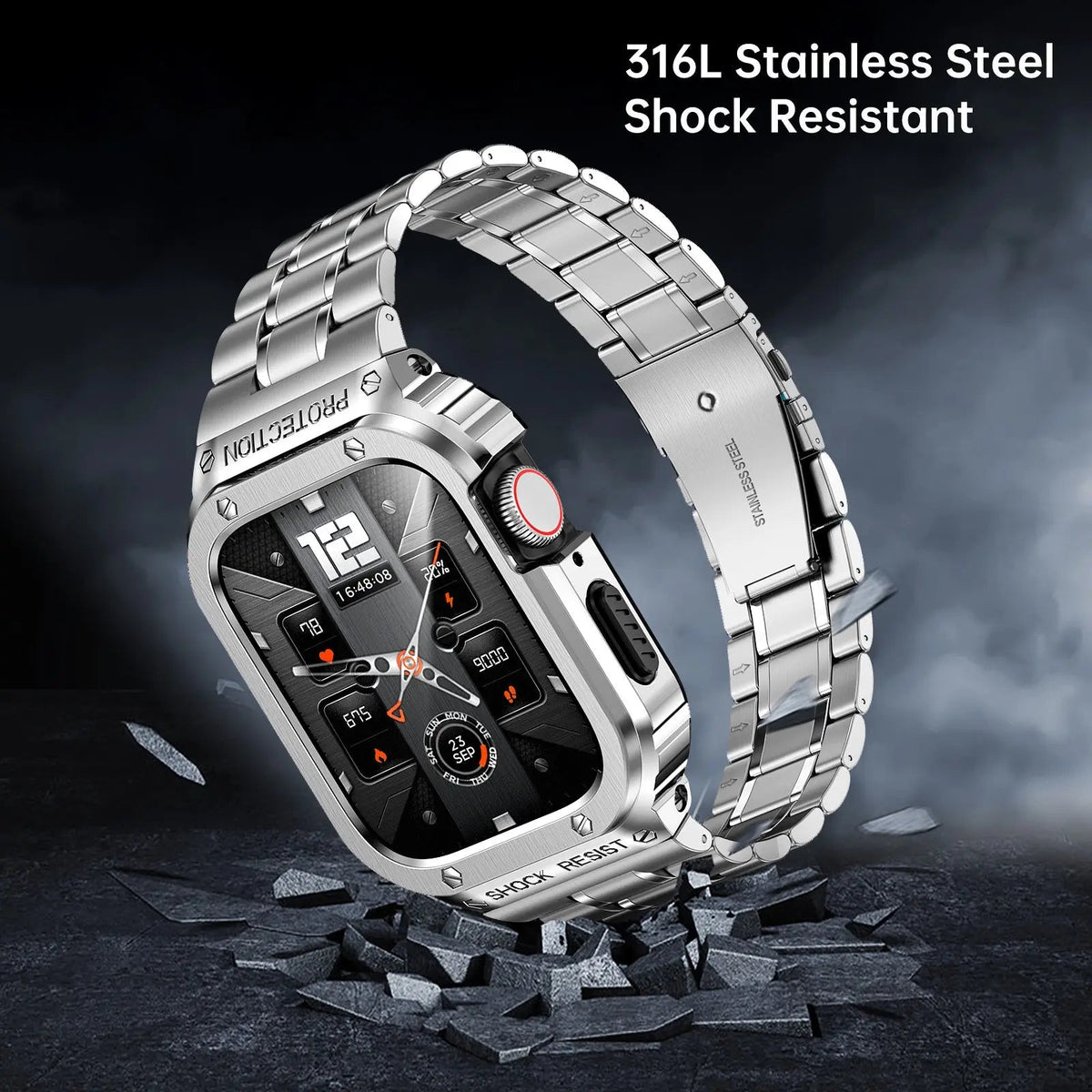 Edelstahl-Uhrenarmband mit Schutzhülle, 45 mm, 44 mm, Smartwatch-Zubehör, Schwarz, Silber, Gold, stilvoll | Sansoti