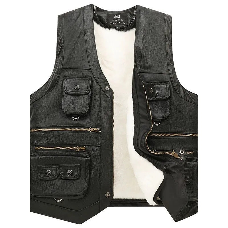 Sleeveless Leather Vest with Zipper Rugged Adventurer Vest for Autumn Winter Outdoor Casual Wear | Sansoti