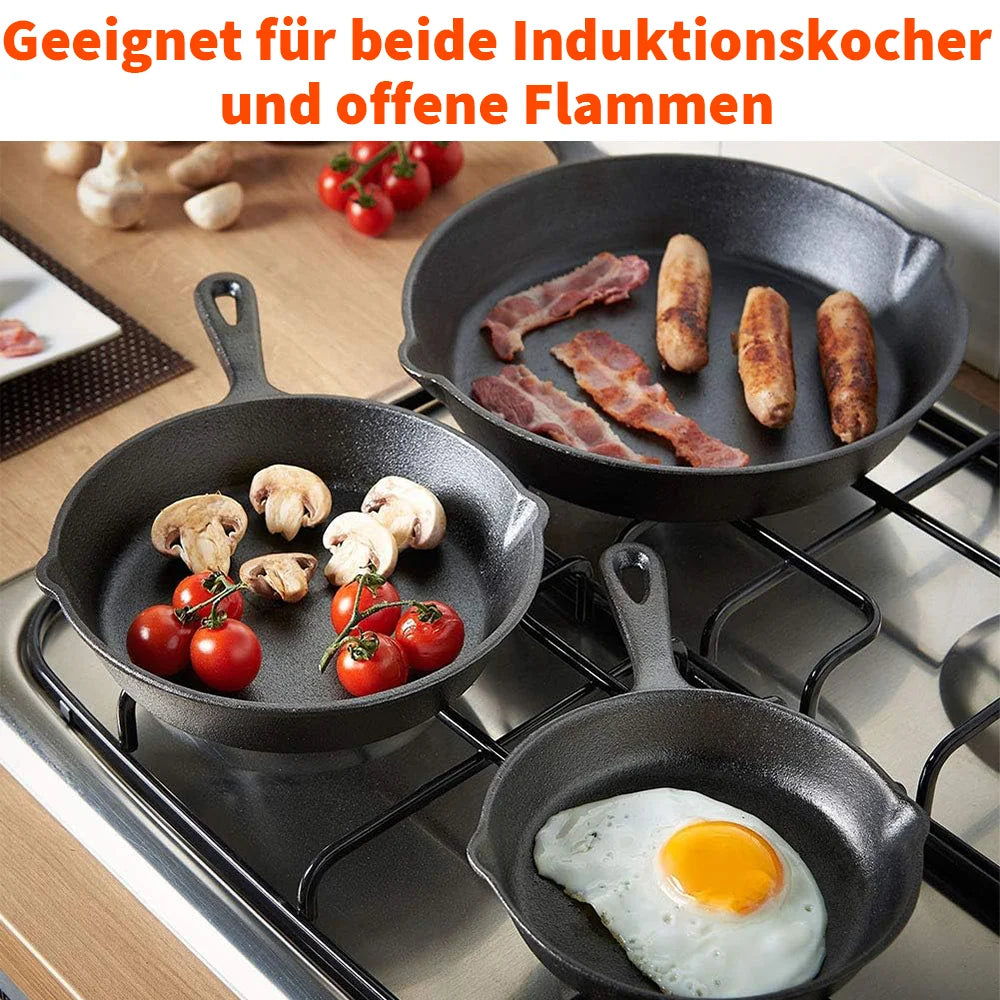 Set de Poêles en Fonte 3 pièces 16-20-26cm Induction Gaz Non Revêtues Poêle à Rôtir Poêle à Omelette Wok Noir | Restfield