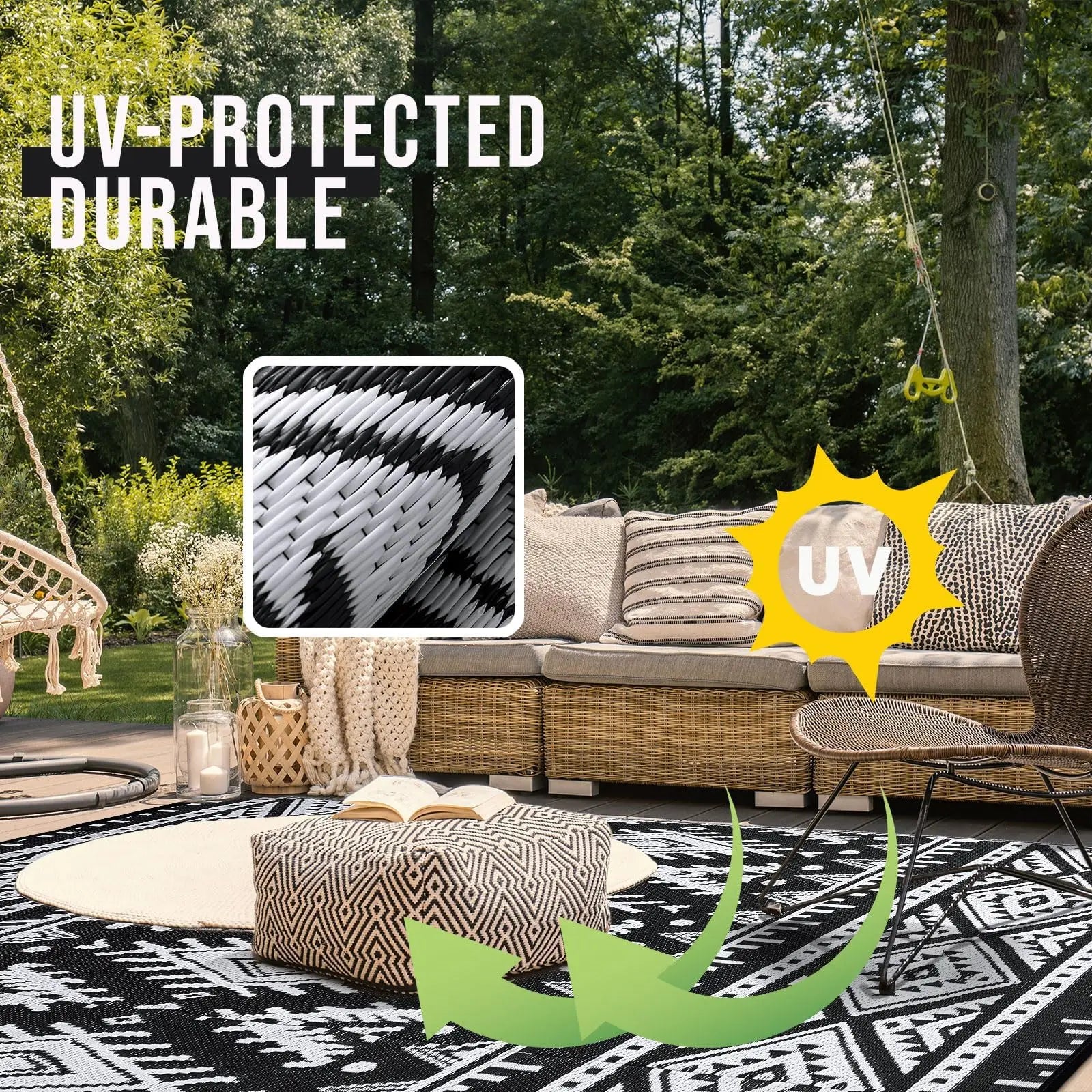 Buitenkleed Gevlochten Plastic Zwart Wit Bohemian Omkeerbaar Terrakleed Campingmat Tuinkleed | Sansoti