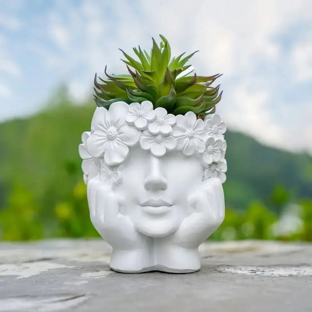 Bloempot Vrouwengezicht Hars Wit 15cm Decoratief Sculptuur Woonkamer Tuin Binnen Buiten Plantenpot Gezicht | Sansoti