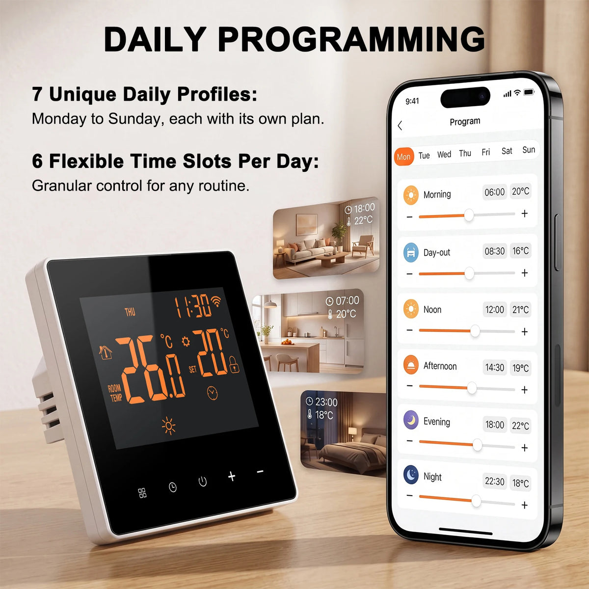 Thermostat WiFi intelligent 16 A pour chauffage au sol avec écran tactile, régulateur de température, commande par application et affichage numérique | Sansoti