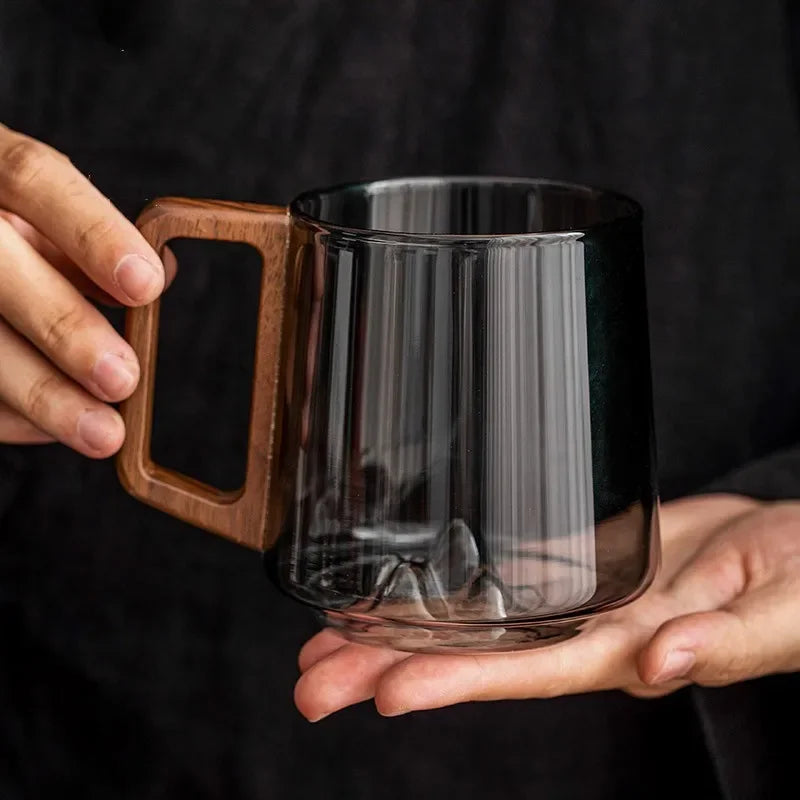 Glazen Bergpiek Beker met Dubbele Wand 300ml – Hittebestendig Borosilicaatglas met Houten Handgreep voor Koffie en Thee | Sansoti