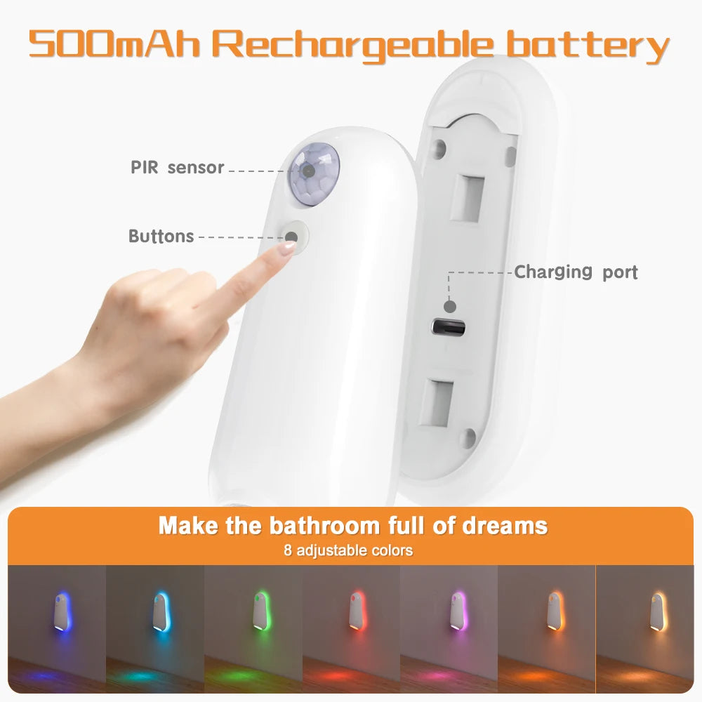 Toilet Nachtlampje Met Bewegingssensor RGB 7 Kleuren Oplaadbaar Waterdicht IPX3 | Sansoti