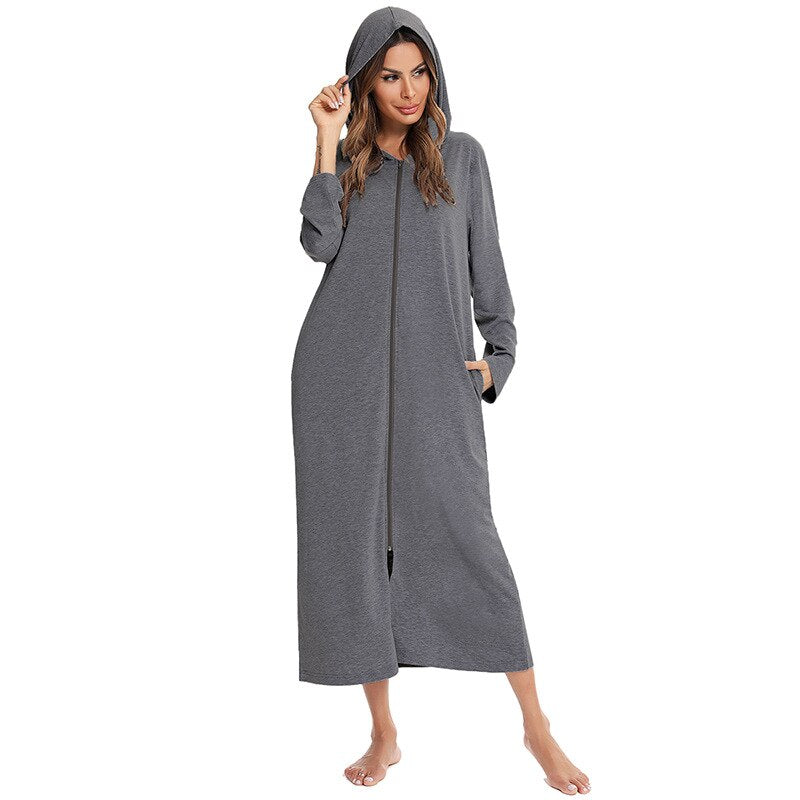 Badjas met Capuchon en Rits Fleece Ochtendjas met Zakken Dames Lange Mouwen Homewear Zwangerschap Comfortabel | Sansoti