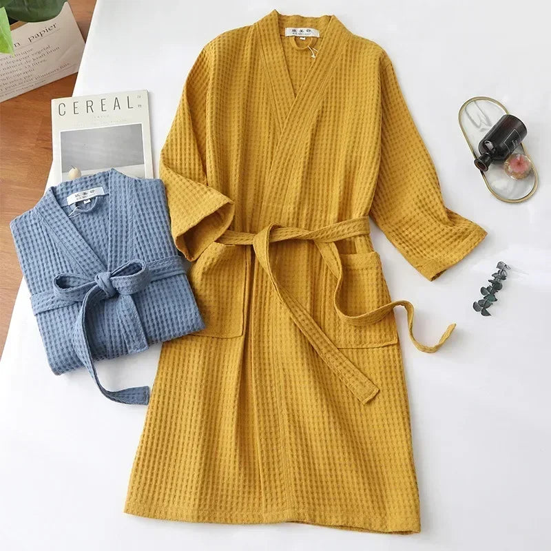 Peignoir en coton gaufré Printemps Été Léger à manches longues pour femme et homme, Spa Hôtel Sauna Bien-être | Sansoti