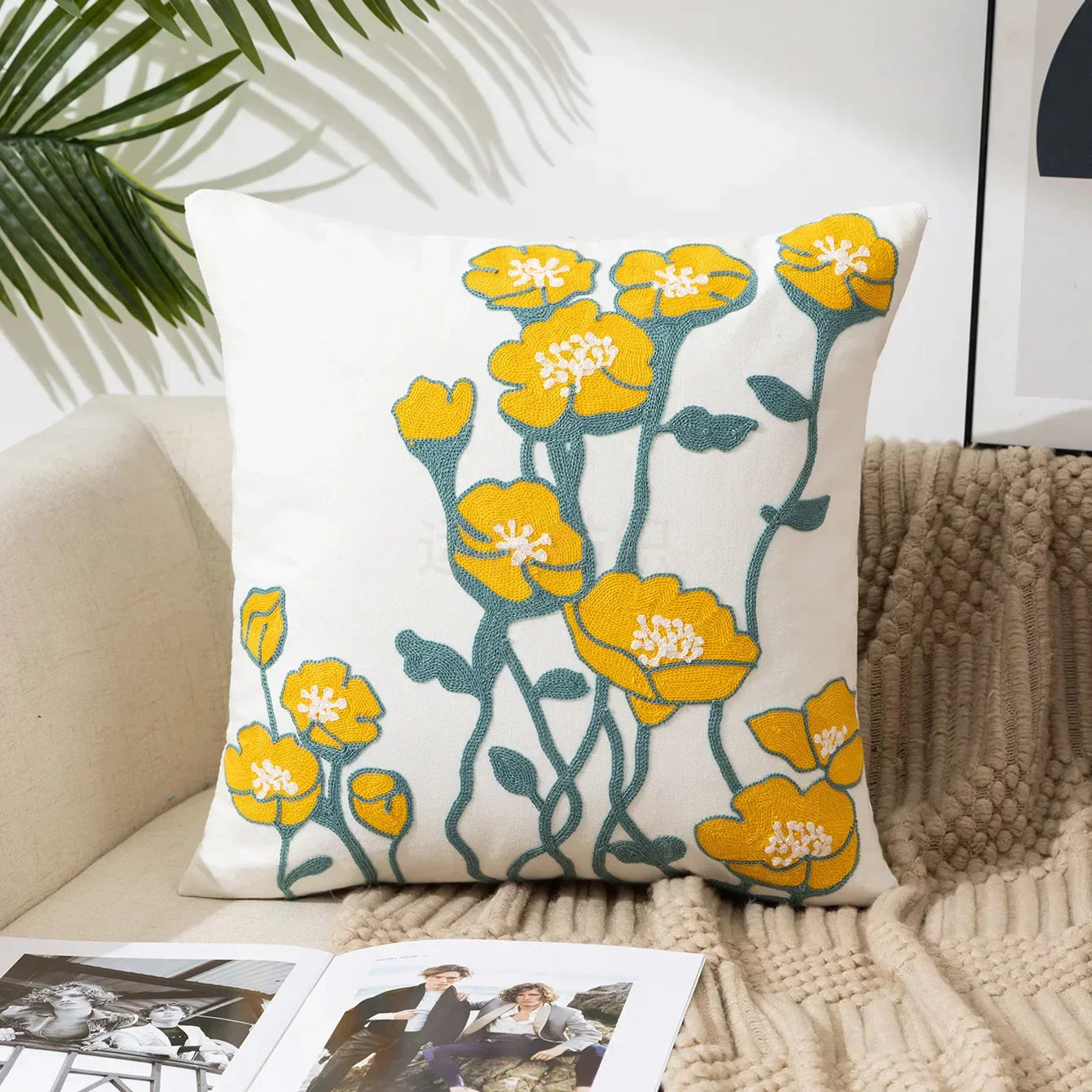 Kussenhoes 45x45cm Katoen Canvas Geborduurd Bloemen Wit Sierkussenhoes Bank Slaapkamer Landelijke Stijl Decoratief | Sansoti