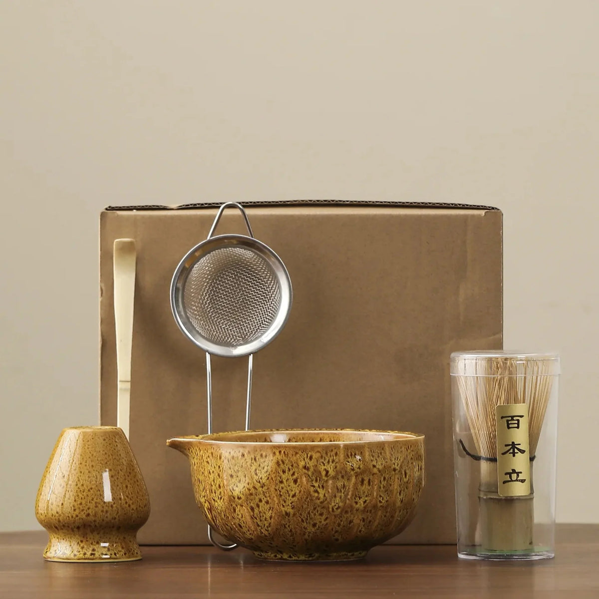5-Piece Ceramic Bamboo Matcha Ceremony Set, Traditional Japanese Tea Set with Bowl, Whisk, Sifter, Spoon and Tea | Sansoti