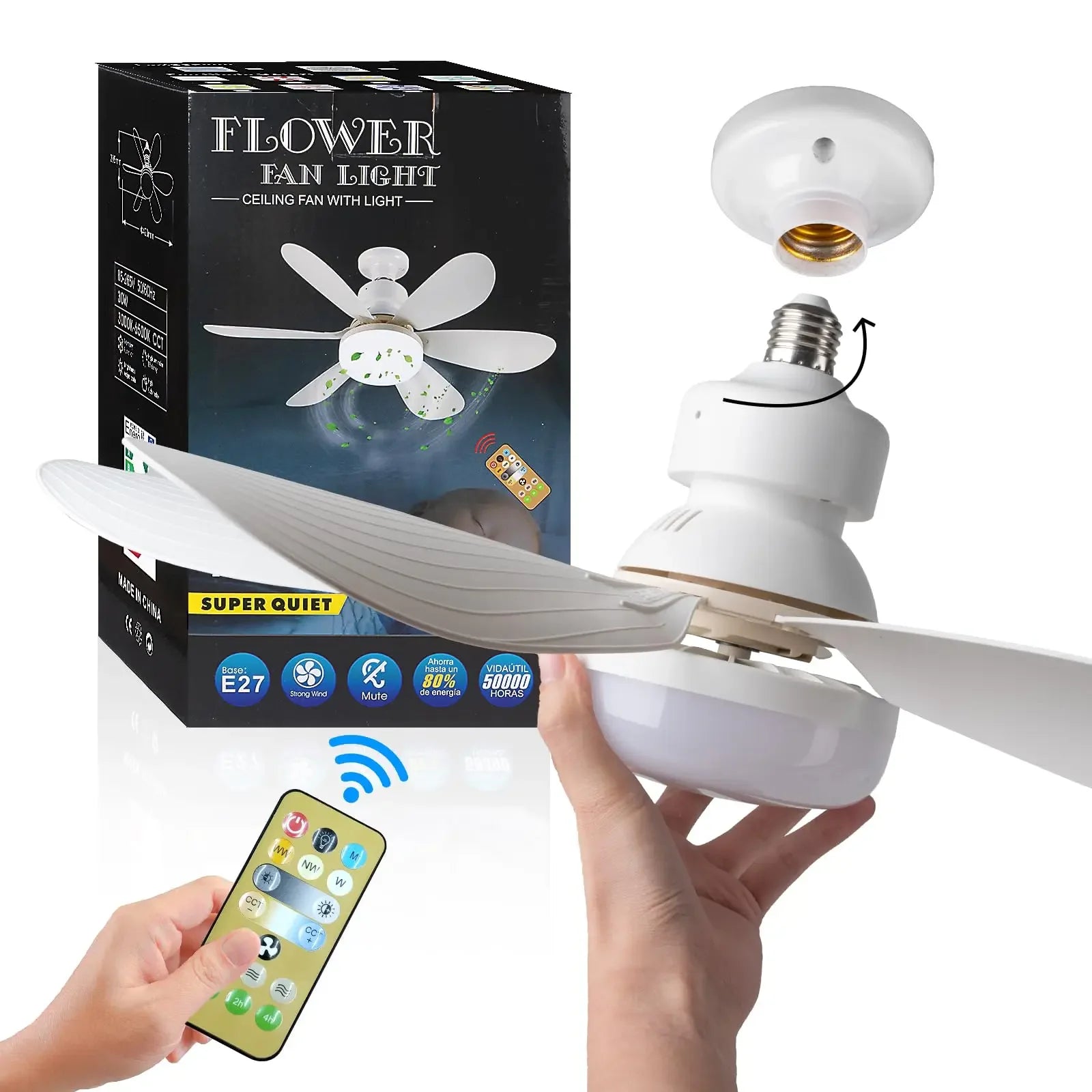 Intelligente Plafondventilator met LED-verlichting E27 Fitting en Afstandsbediening voor Slaapkamer Woonkamer Modern Minimalistisch Energiezuinig Stil | Sansoti
