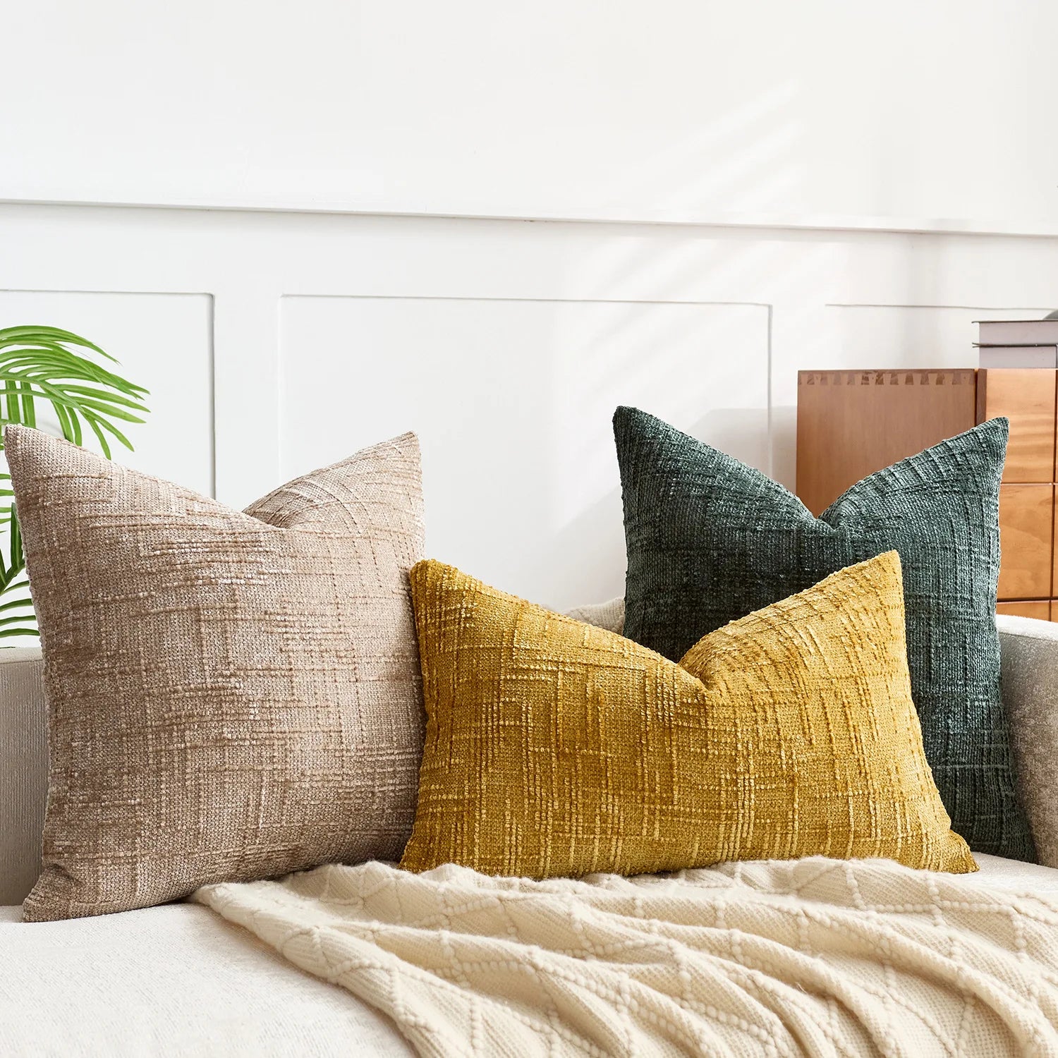 Housse de coussin chenille structure bambou uni 40 45 50cm pour canapé et chambre | Restfield