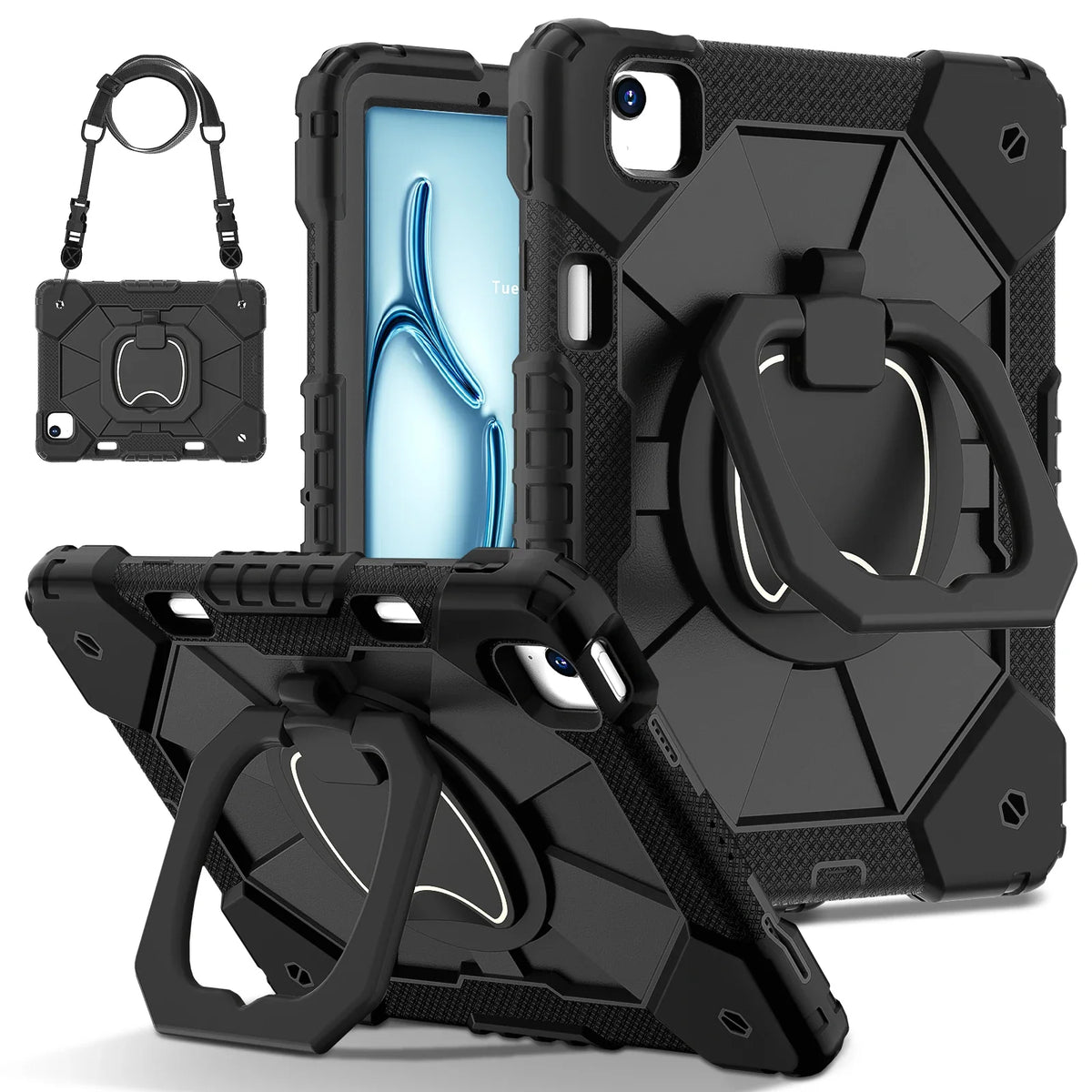 Rugged iPad Case with Ring Grip Three-Layer Protection Kickstand Shoulder Strap Screen Protector Black Orange | Sansoti