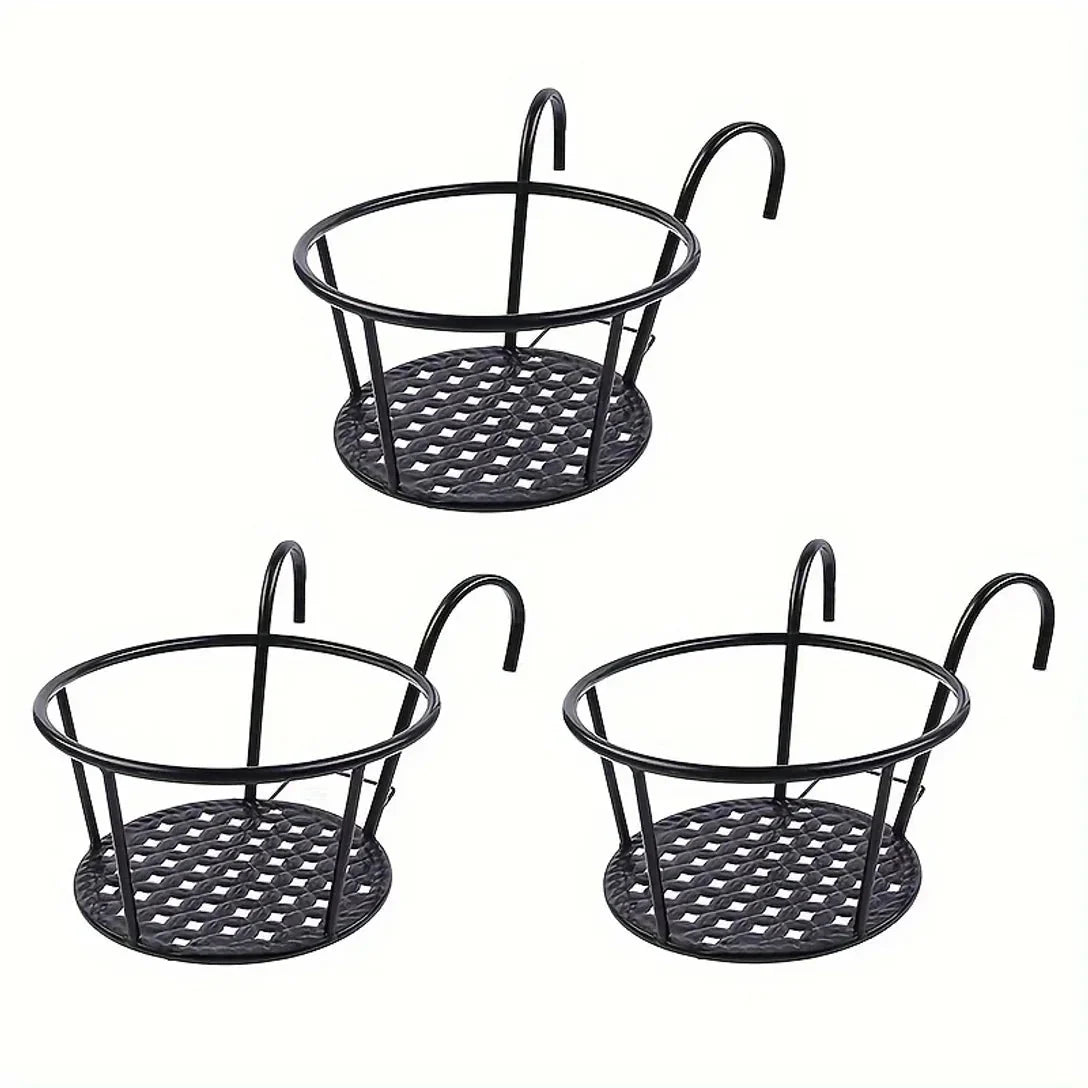 Hangende Bloempothouders Metaal Zwart voor Balkon – 3 Stuks met Ophanghaak 22 cm Doorsnede | Sansoti