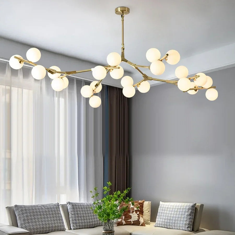 Suspension Structure Branches Verre Mat Or Noir G4 LED Salon Salle à Manger Scandinave Moderne 12 18 24 Boules | Restfield