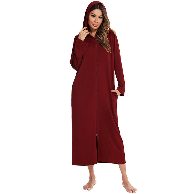 Badjas met Capuchon en Rits Fleece Ochtendjas met Zakken Dames Lange Mouwen Homewear Zwangerschap Comfortabel | Sansoti