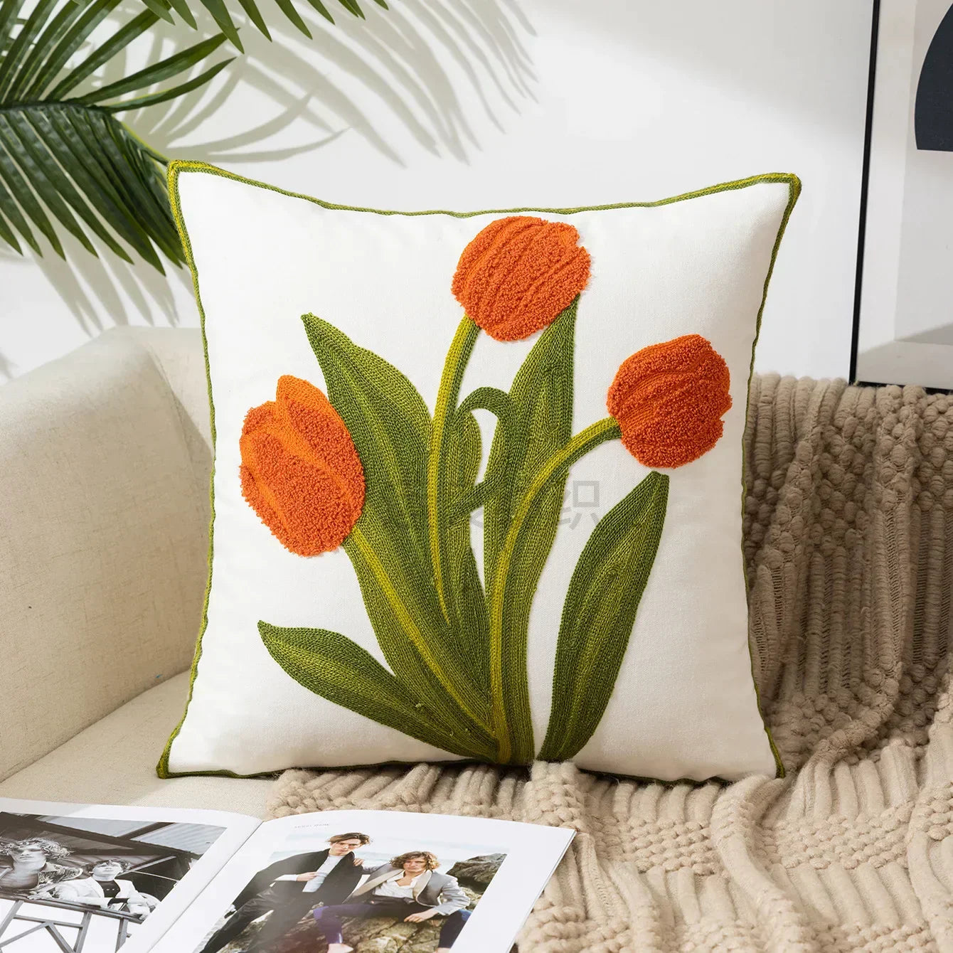 Kussenhoes 45x45cm Katoen Canvas Geborduurd Bloemen Wit Sierkussenhoes Bank Slaapkamer Landelijke Stijl Decoratief | Sansoti
