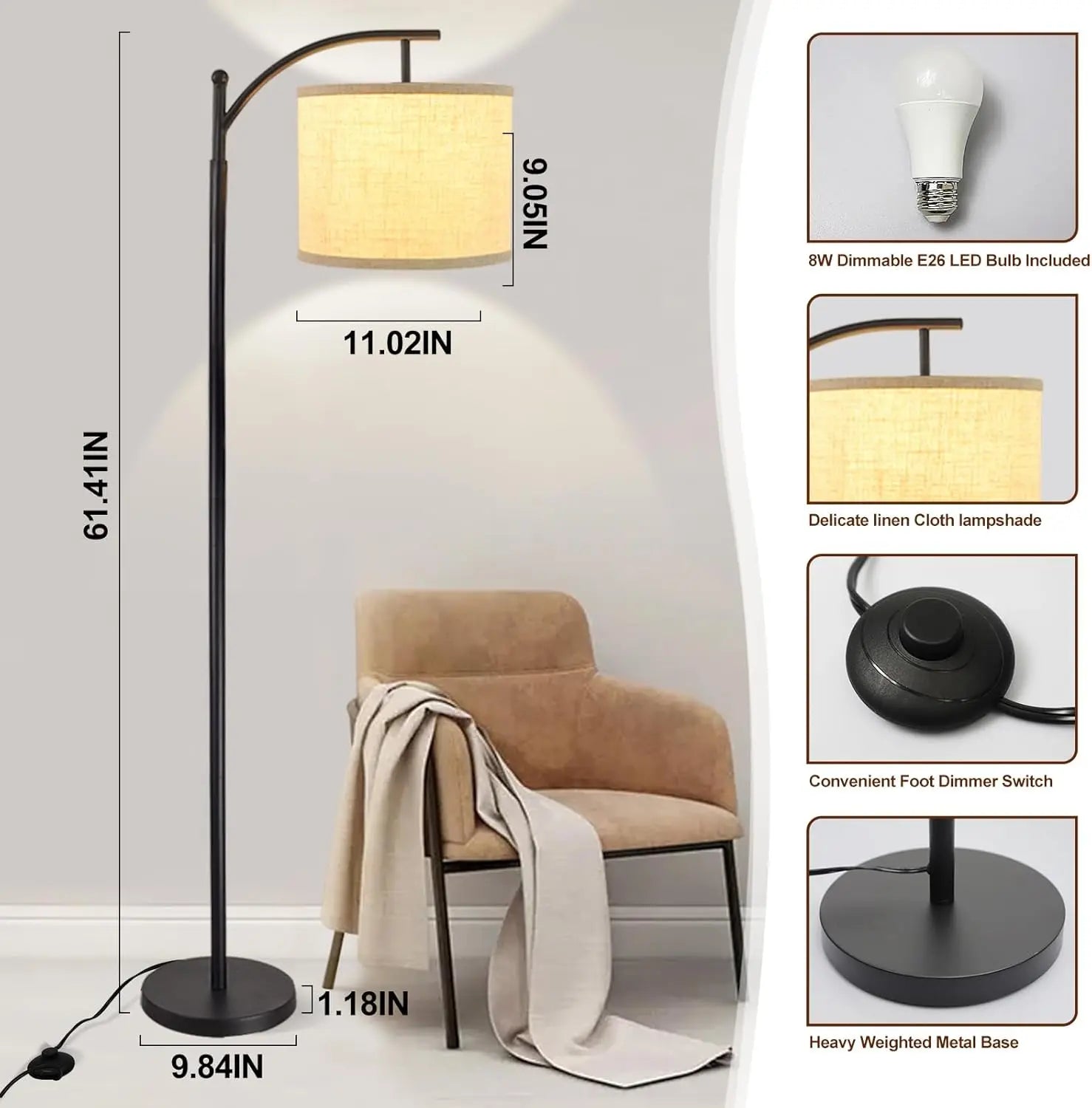 Boog Vloerlamp Met Stoffen Kap 3 Lichtkleuren LED Modern Woonkamer | Sansoti