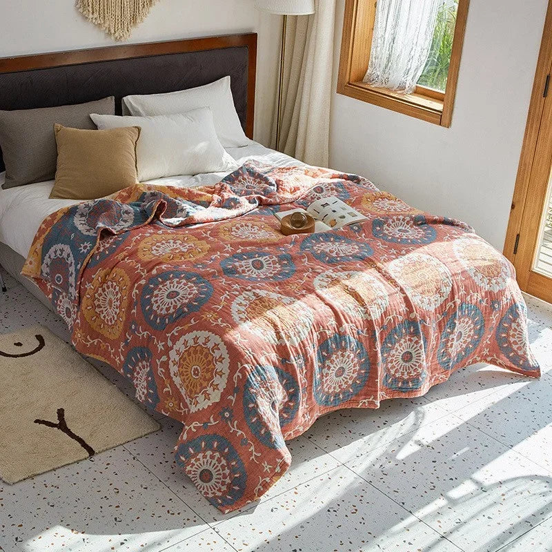 Plaid en mousseline de coton respirant, couverture jacquard pour lit et canapé 150x200 200x230 à motif floral, salon | Sansoti