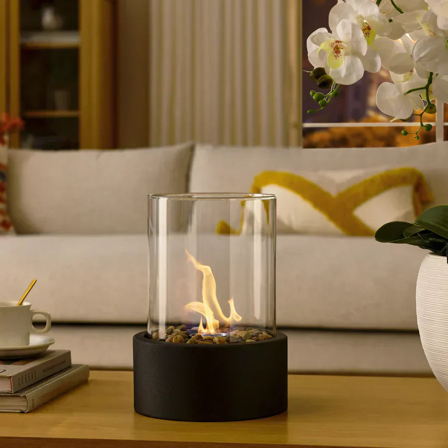 Cheminée de Table Portable Éthanol Métal Verre Noir Terrasse Balcon Salon Cheminée d'Ambiance Bioéthanol Feu de Table Intérieur Extérieur | Restfield
