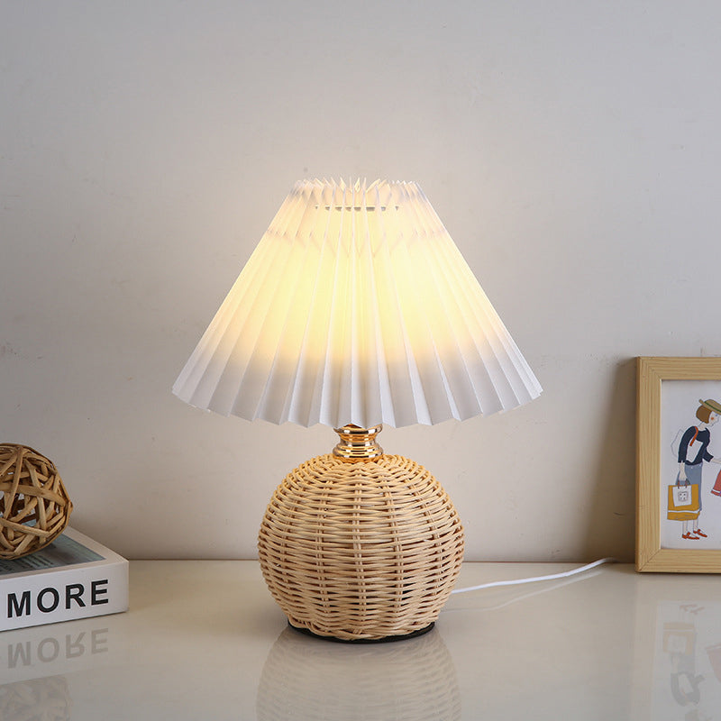 Rattan Tischlampe Plissee Schirm USB 5W Schlafzimmer Nachttisch Skandinavisch Boho Stimmungslicht Rattan Schreibtisch Leselampe | Restfield
