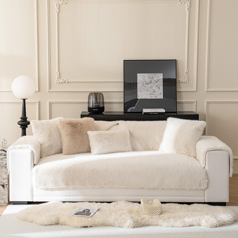 Weicher Sofabezug Rutschfestes Kunstfell Creme Grau Grün Waschbarer Plüschschutz für jedes Sofa | Sansoti