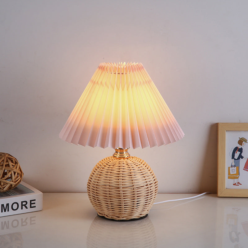 Rattan Tischlampe Plissee Schirm USB 5W Schlafzimmer Nachttisch Skandinavisch Boho Stimmungslicht Rattan Schreibtisch Leselampe | Restfield