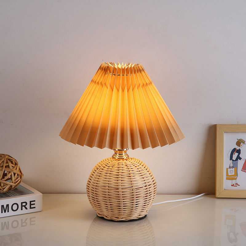 Rattan Tischlampe Plissee Schirm USB 5W Schlafzimmer Nachttisch Skandinavisch Boho Stimmungslicht Rattan Schreibtisch Leselampe | Restfield