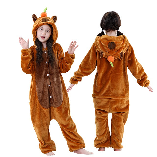 Capybara Flannel Hooded Onesie for Children – Soft Jumpsuit for Dress-Up Parties and Themed Events | Sansoti