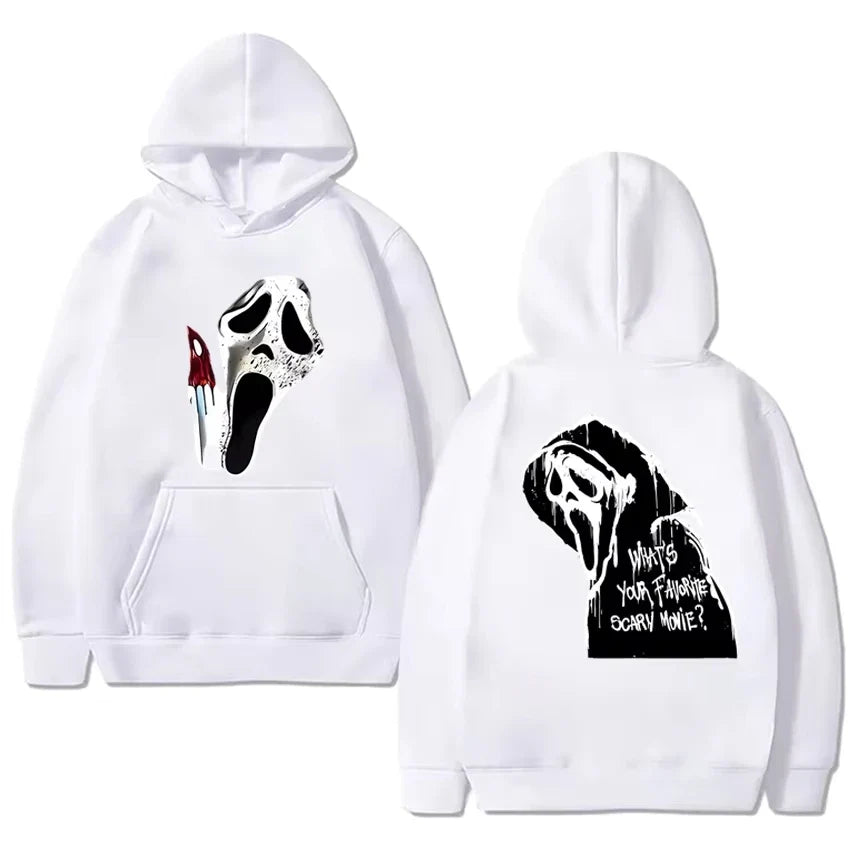 Gothic Hoodie with Double-Sided Print Unisex Fleece Streetwear Black White Gray Hooded Sweatshirt Urban Style | Sansoti