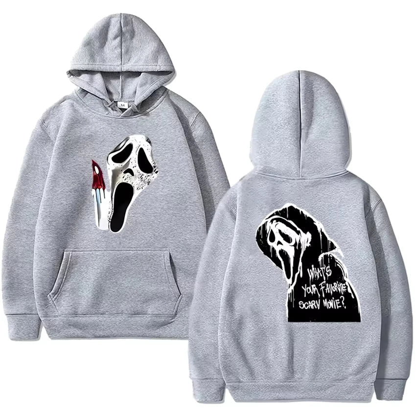 Gothic Hoodie with Double-Sided Print Unisex Fleece Streetwear Black White Gray Hooded Sweatshirt Urban Style | Sansoti