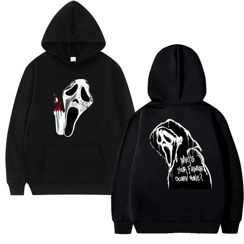 Gothic Hoodie with Double-Sided Print Unisex Fleece Streetwear Black White Gray Hooded Sweatshirt Urban Style | Sansoti