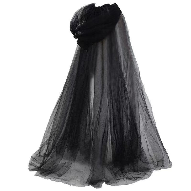Long Hooded Mesh Cape for Parties Gothic Wedding Halloween Cosplay Costume Dark Style Fancy Dress | Sansoti