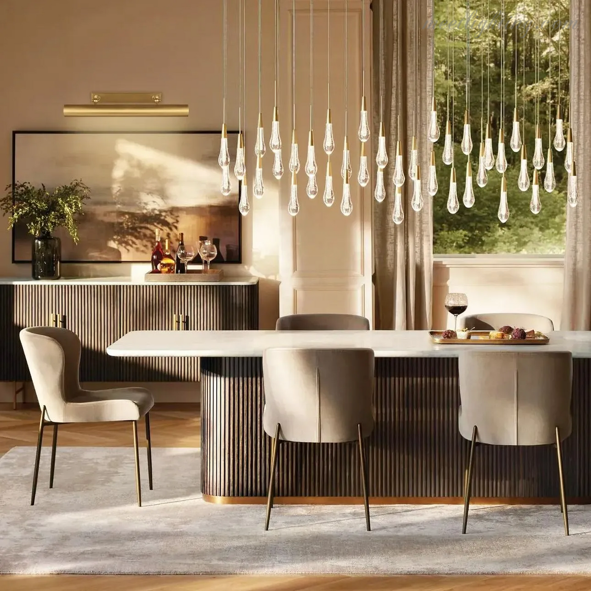 Lustre linéaire avec lampes LED réglables adapté à la salle à manger et à la cuisine en verre fabriqué à la main au design moderne | Sansoti