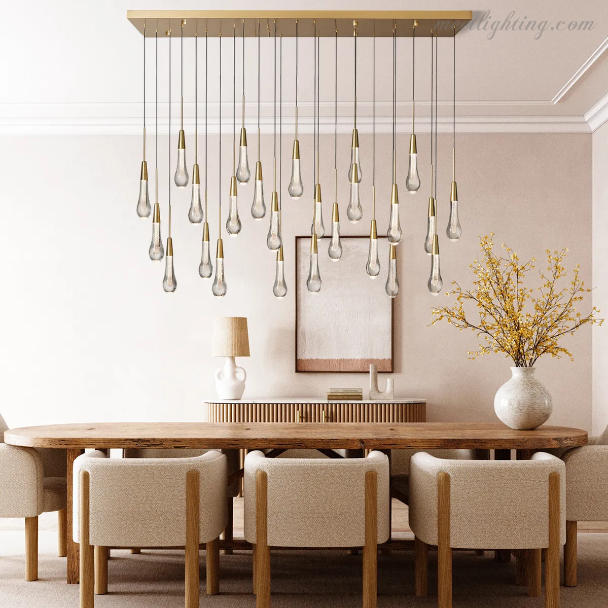 Lustre linéaire avec lampes LED réglables adapté à la salle à manger et à la cuisine en verre fabriqué à la main au design moderne | Sansoti