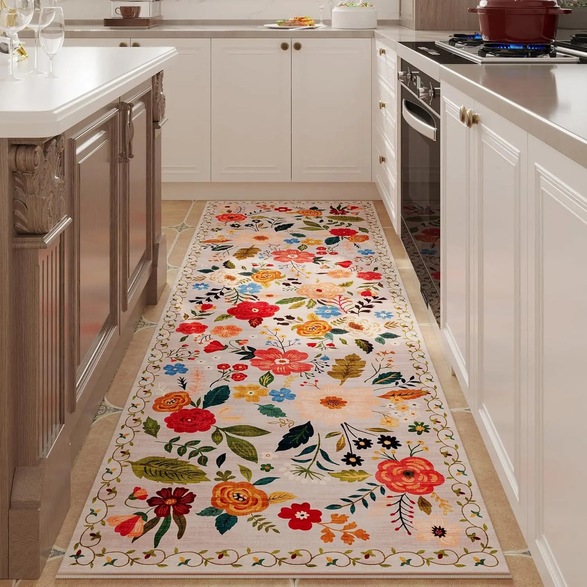 Tapis de couloir antidérapant à motif floral, en polyester, lavable, avec dessous en caoutchouc, pour couloir, cuisine, entrée et salon, décoratif | Sansoti