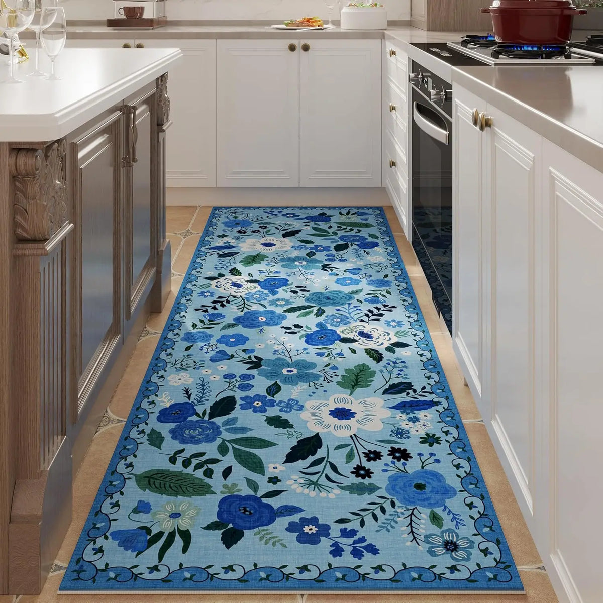 Tapis de couloir antidérapant à motif floral, en polyester, lavable, avec dessous en caoutchouc, pour couloir, cuisine, entrée et salon, décoratif | Sansoti