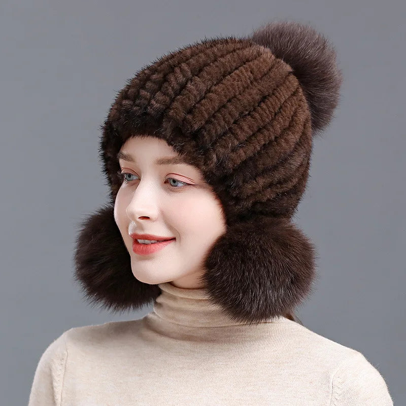 Knitted Fur Hat with Pom-Pom for Women, Warm Winter Hat with Ear Warmers, Spiral Pattern, Luxury Winter Accessory | Sansoti