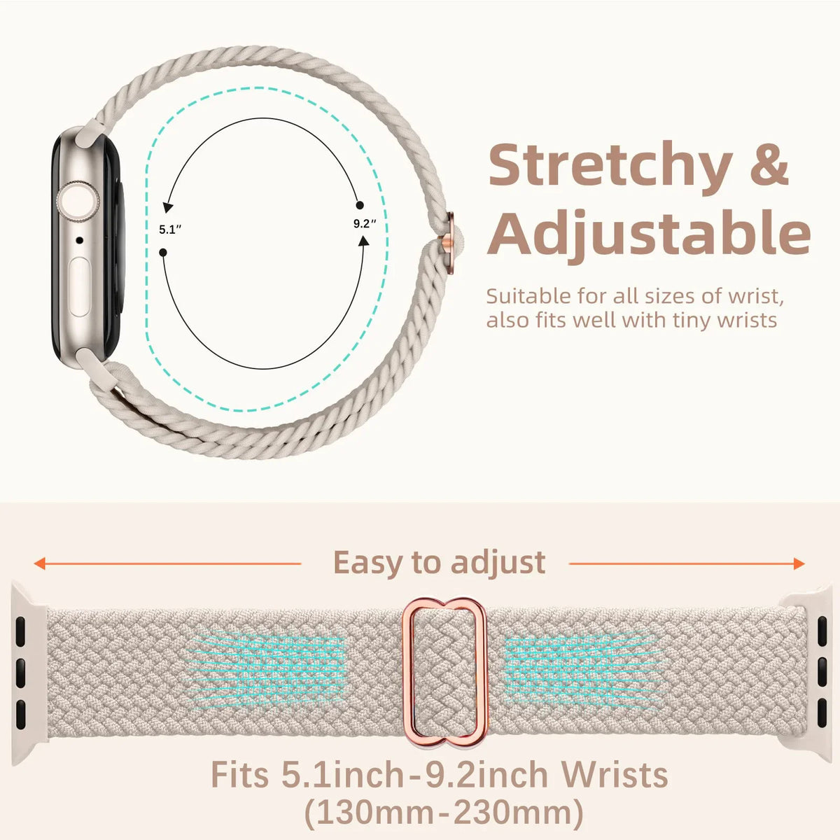 Elastisch gevlochten nylon smartwatch-bandje, 38–49 mm, verstelbaar en ademend, sportband voor Apple Watch | Sansoti