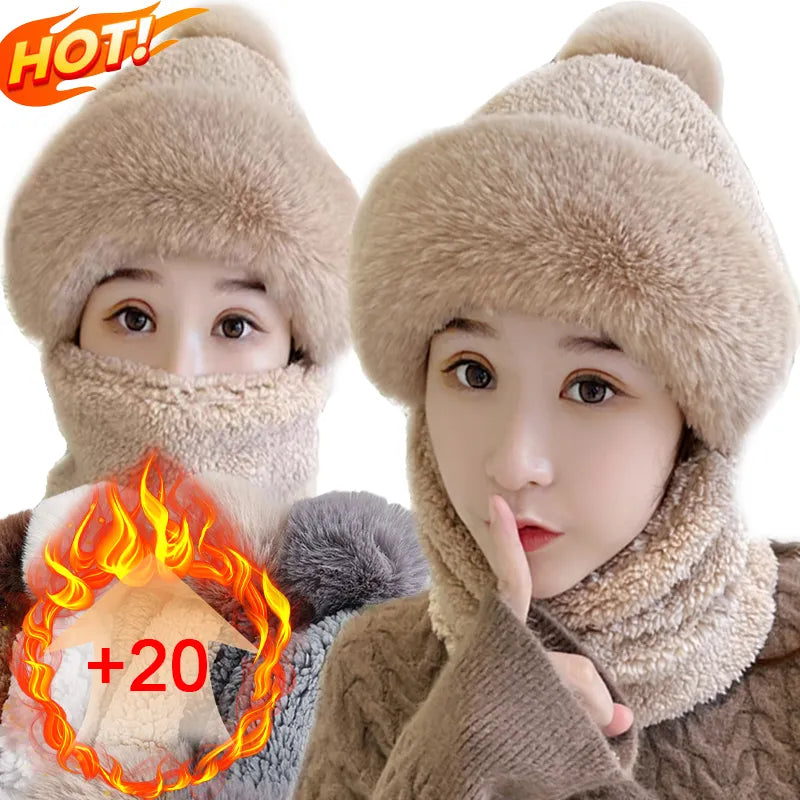 Plüsch Multifunktionale Mützen-Schal-Kombination Winterwarme gestrickte Kopfbedeckung für kaltes Wetter Outdoor-Accessoire | Sansoti