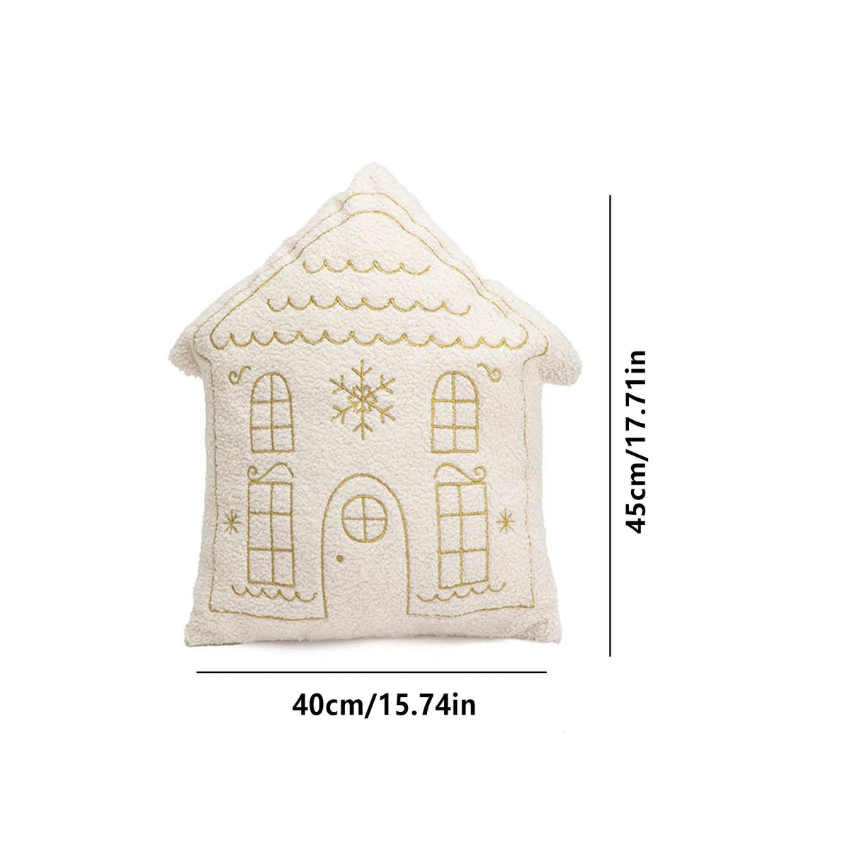 Decorative House-Shaped Christmas Cushion with Gold Embroidery, Festive Plush Throw Pillow, Winter Decoration | Sansoti