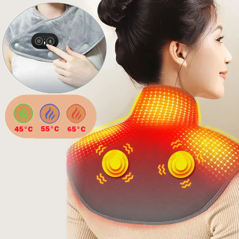 Verwarmde Nek- en Schoudermassager met Vibratie USB Warmtekussen Draagbaar Ergonomisch Plüche 3 Temperatuurstanden Timer Grijs voor Thuis Kantoor | Sansoti