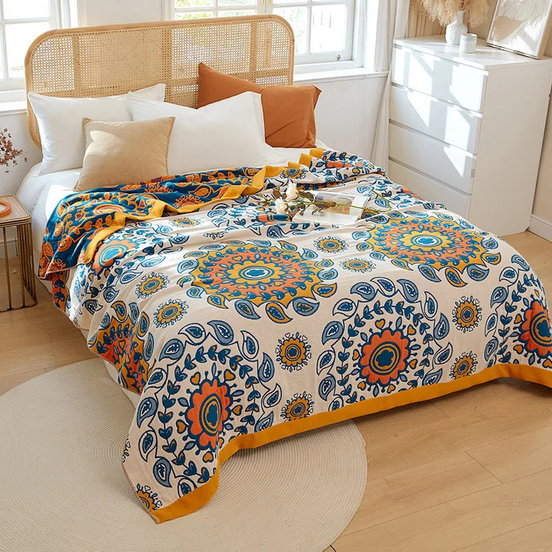 Baumwoll-Sommerdecke, garngefärbt, mit Blumenmuster, für Doppelbett, Landhausstil, leicht und atmungsaktiv | Sansoti