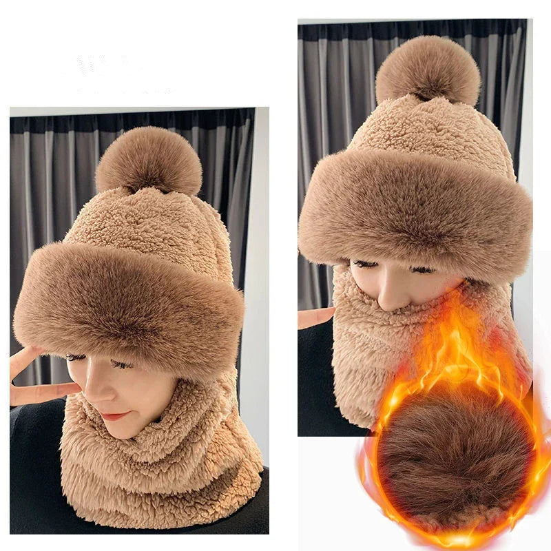 Plüsch Multifunktionale Mützen-Schal-Kombination Winterwarme gestrickte Kopfbedeckung für kaltes Wetter Outdoor-Accessoire | Sansoti