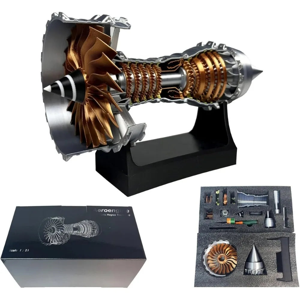 Detailed turbofan jet engine model 3D-printed on a black stand, aviation gift display for the office | Sansoti